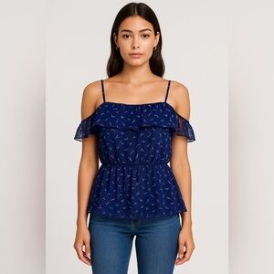 One Clothing Los Angeles Navy Blue Crane Print Sheer Peplum Blouse Women’s L